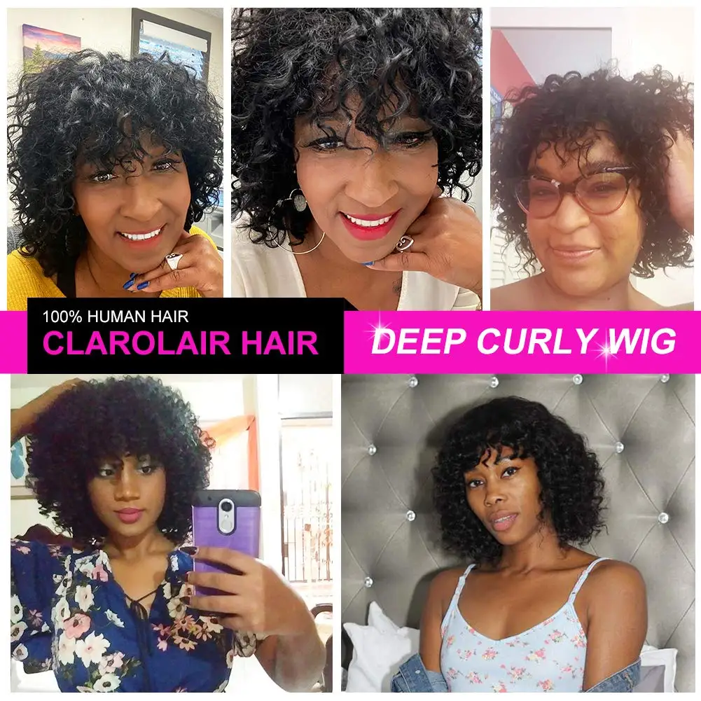 

Afro Kinky Curly Full Machine Made Wig Human Hair Wig With Bangs European Remy Short Curly Human Hair Wigs Cheap Hair
