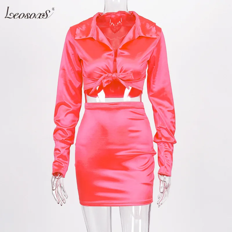 

Sexy Fashion Satin Matching Sets Women V Neck Party Hot Silk 2 Piece Outfits Long Sleeve Bandage Crop Top And Skirt Set