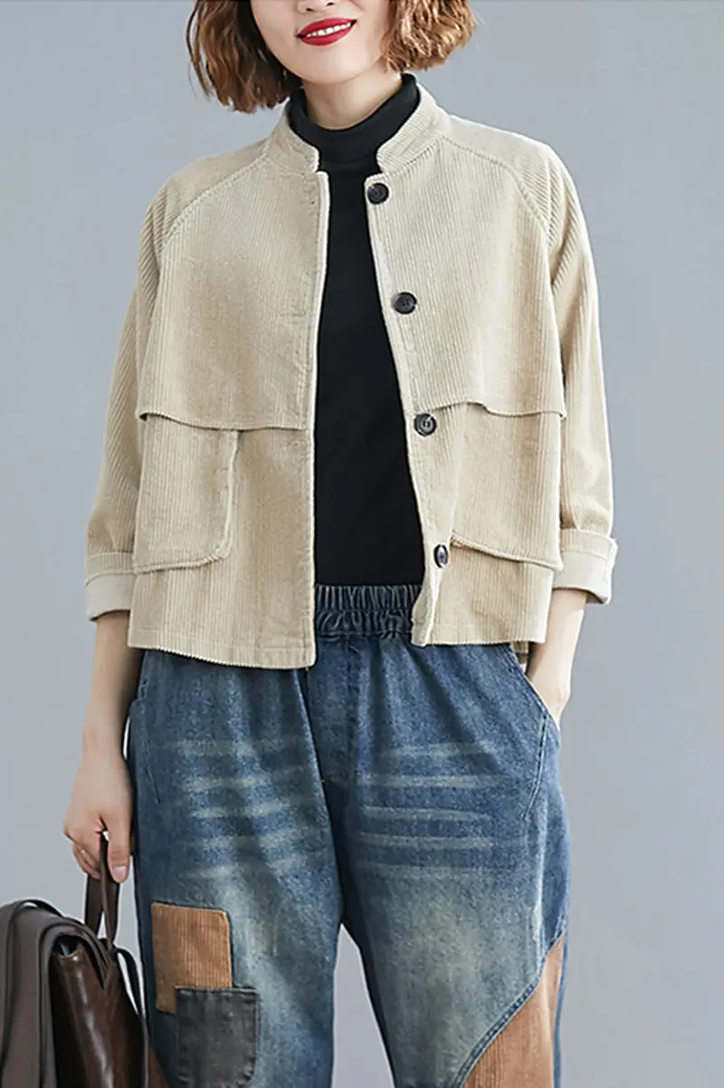 

Spring New Literary Retro Corduroy Short Coat Loose Wild Stand Collar Long Sleeve Shirt Jacket Female Single Breasted Top r100