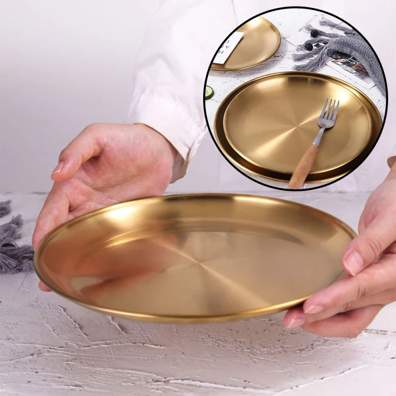 

Dinner Plates European Style Gold Dessert Plate Kitchen Serving Dishes Salad Round Plate Cake Tray Western Steak Round Tray