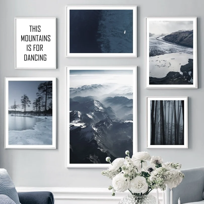 Туман горный лес снежный зимний пейзаж настенная живопись холст скандинавские постеры и принты настенные