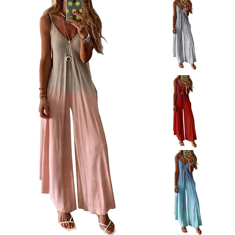 

2021 Women Spaghetti Strap Jumpsuit Summer Casual Loose Sleeveless Sexy Deep V Neck Long Rompers Wide Leg Pants Overalls