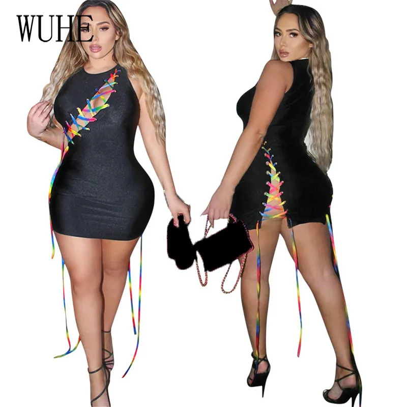 

Бандажное мини-платье WUHE, с перекрестными шнуровками, без рукавов, с круглым вырезом и открытыми плечами, пикантные Повседневные Вечерние К...