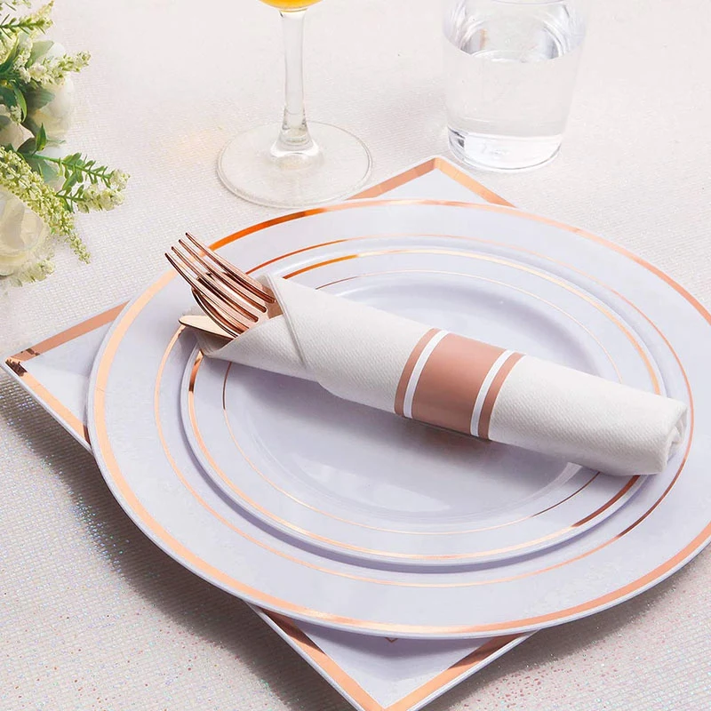 200Pcs Rose Gold Plastic Cutlery with Napkins-Heavyweight Disposable Flatware Includes 50x Forks Spoons Kniv | Дом и сад