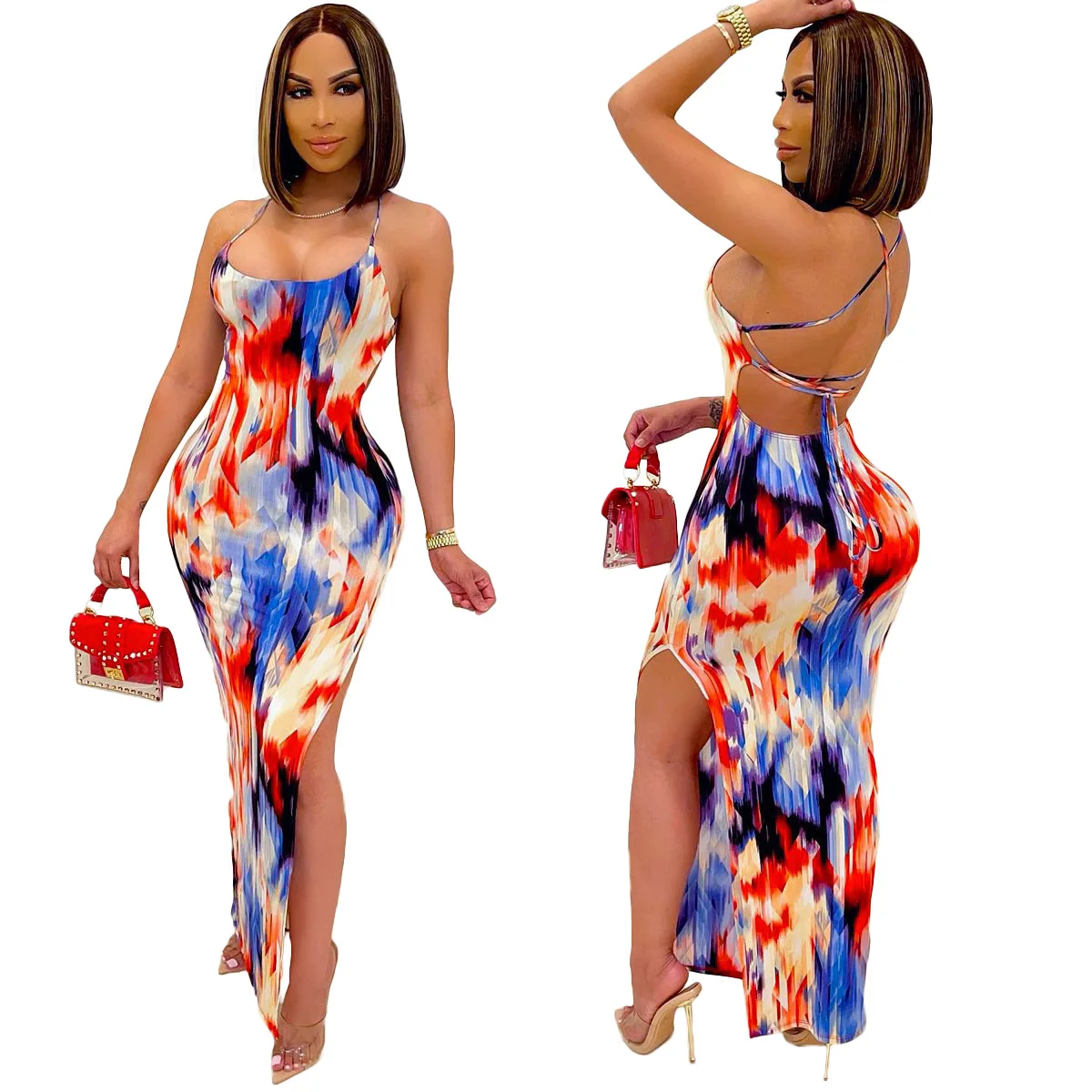 

Fashion High Split Women Tie Dye Spaghetti Strap Bodycon Dresses 2021 Designer Boho Party Sexy Backless Bandage Long Maxi Dress