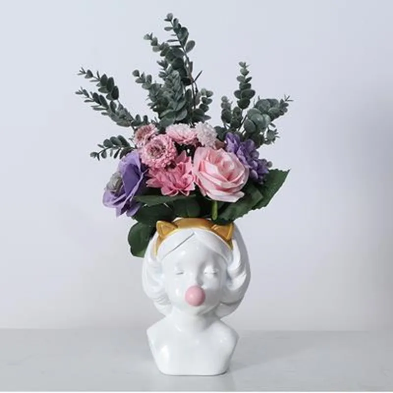 

Creative head vase, girl head sculpture blowing bubbles, home office restaurant desktop decoration gift