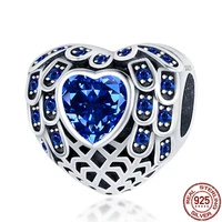 silver color heart shaped blue zircon charm suitable for pandora braceletbangle for women birthday fashion jewelry gift
