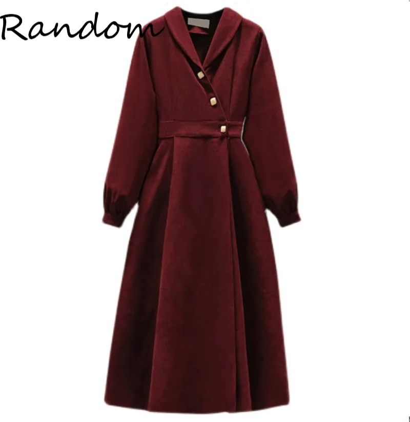 

Vintage One Piece Corduroy Burgundy Dress V Neck Long Sleeve 2021 Winter Party Midi A Line Dresses For Woman Clothing Robe Plus