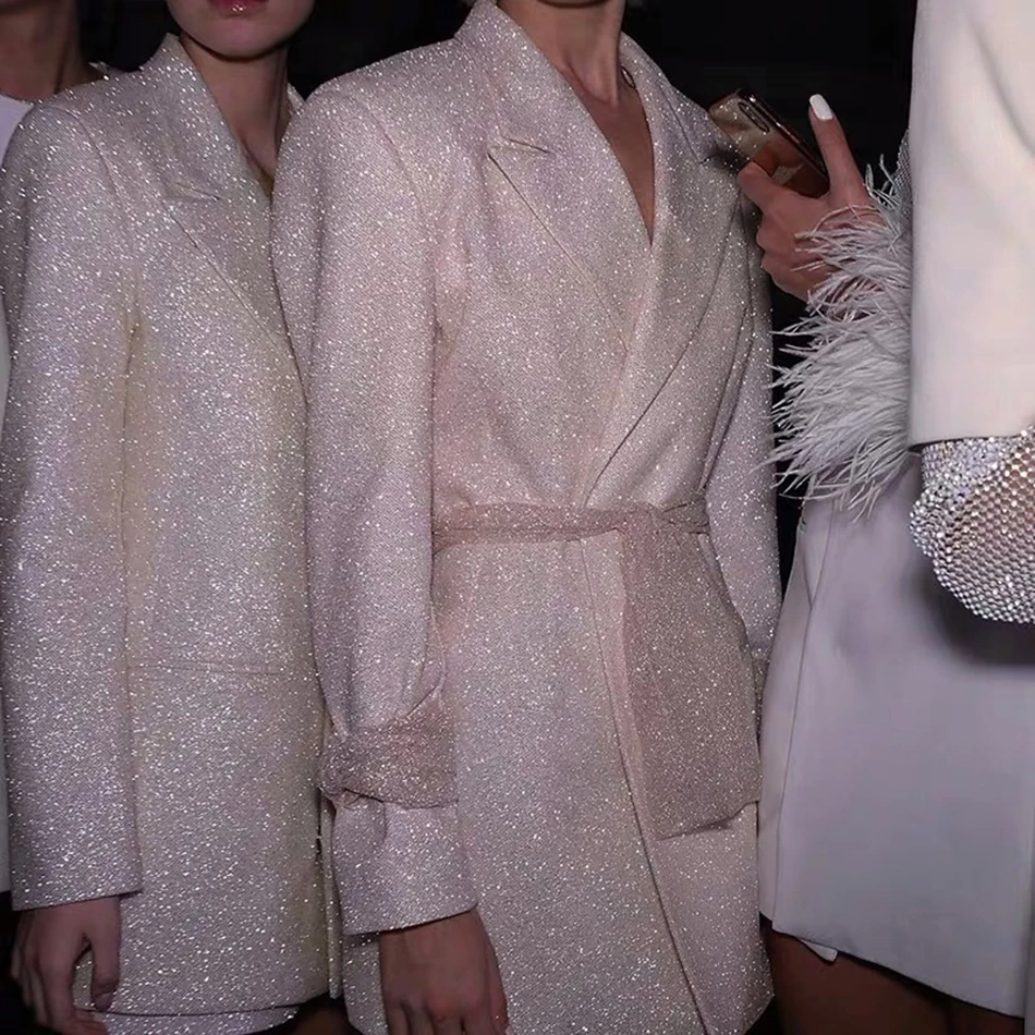 

2020 Fall New Women'S Chic Glitter Blazer Dress Bowknot Design Long Sleeve V-Neck Belt Fashion Celebrity Party Club Vestidos