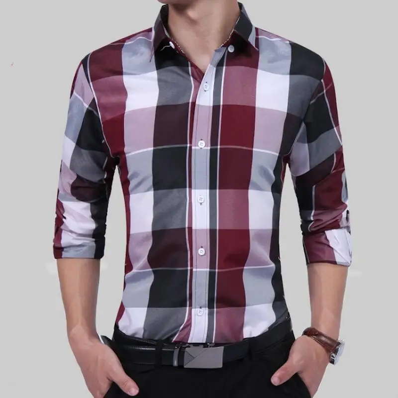 Мужская рубашка в клетку приталенная деловая Повседневная с длинными рукавами