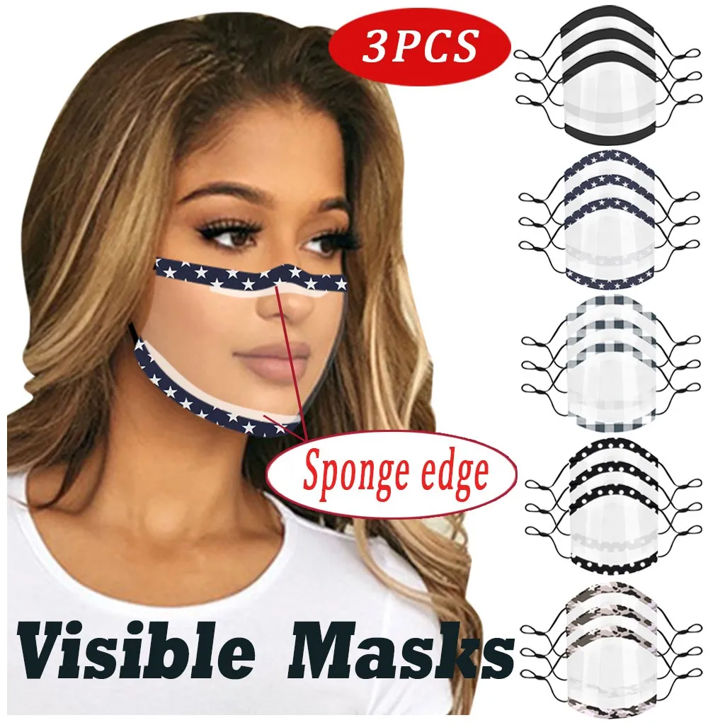 

3PCS Prints Mask With Sponge Edge Clear Window Visible Expression Face Cover New Protection Transparent Faces Shields 2020