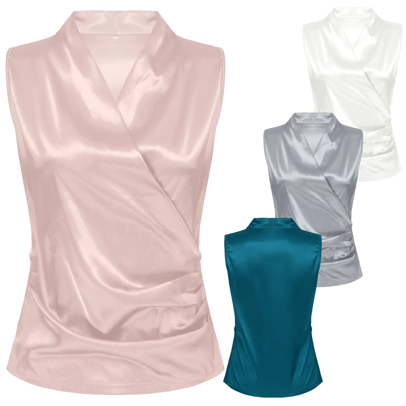 Women Sleeveless Sexy V-Neck Soft Smooth Satin Shirt Work Tops Office Ladies Chic Casual Tunic Summer Ruched Cross Wrap Blouse