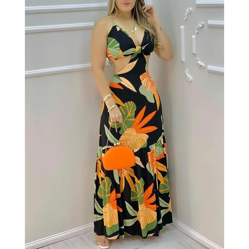 

Contrast Hollow Out Woman Dresses Summer Elegant Bodycon Patchwork Streetwear Casual Low-cut Halter Beach Maxi Dress Plus Size