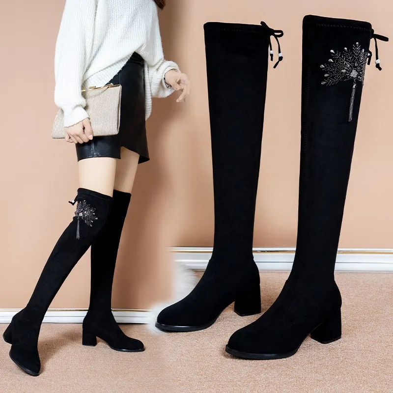 

Высокие сапоги на высоком каблуке, женские сапоги выше колена, новинка 2019, женские повседневные облегающие сапоги, сапоги стрейч на массивн...