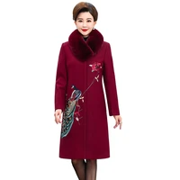 women autumn winter new woolen coat female high quality middle age clothing fur collar embroidered wool coats ladies coats 5xl