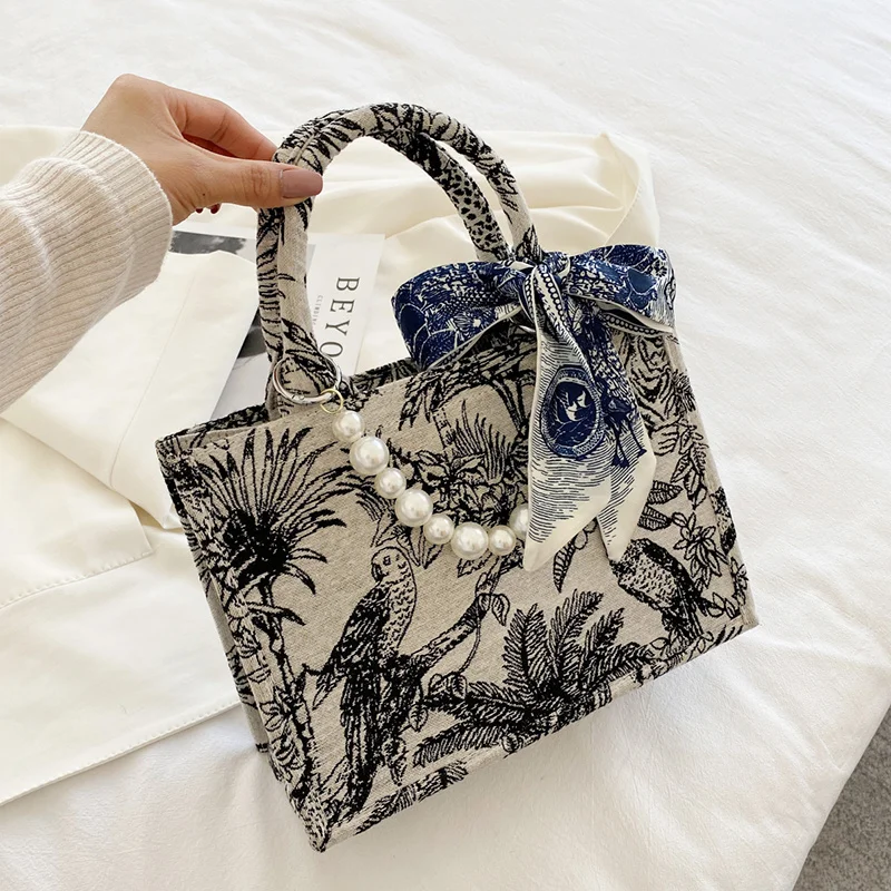 

Pearl Handle Canvas Small Crossbody Bags for Women 2021 Summer Fashion Branded Trendy Luxury Shoulder Handbags Landscape Map