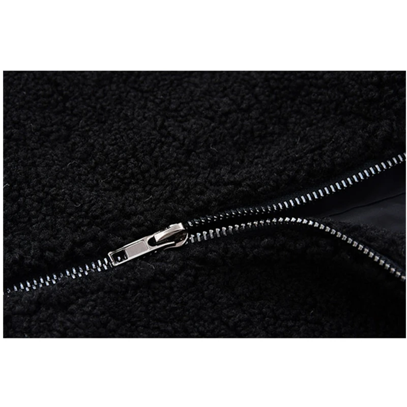 Contrasting Color Casual Lamb Wool Coat Women Winter Black White Pure Color Korean Loose Casual Thick Cotton-padded Clothes Tide
