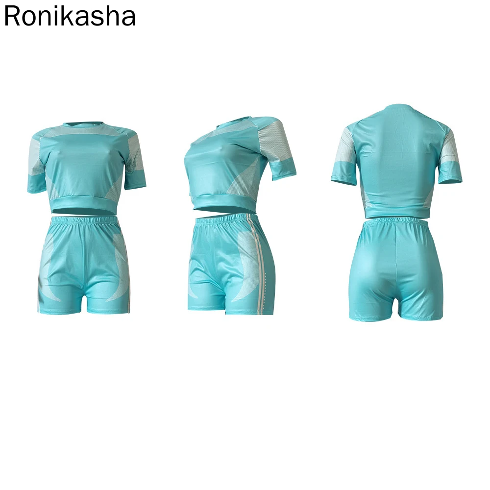 

Ronikasha 2 Two Piece Sets Women Outfits O Neck Short Sleeve Patchwork Crop Top Biker Shorts Suit Summer Casual Tracksuit