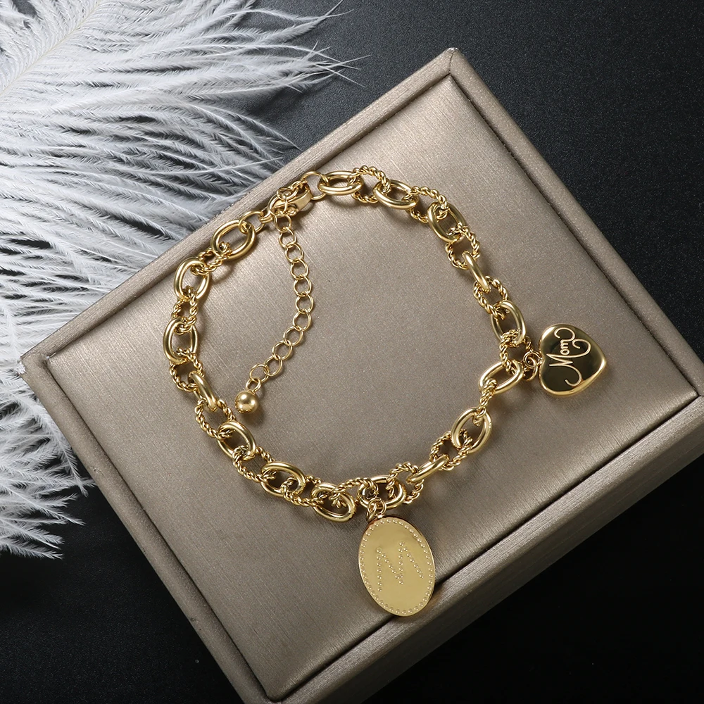 

Fashion Love Heart Charm Link Chain Bracelet Oval M Pendant Women Bracelets For Mom Jewelry Gift