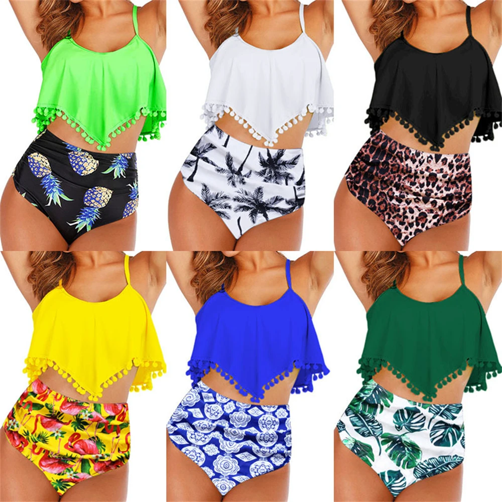 

Fashion Print Swimwear Biquini Ruffled Beach Swimsuit Women Large Size High-waist Sexy Bathing Suit Bikini
