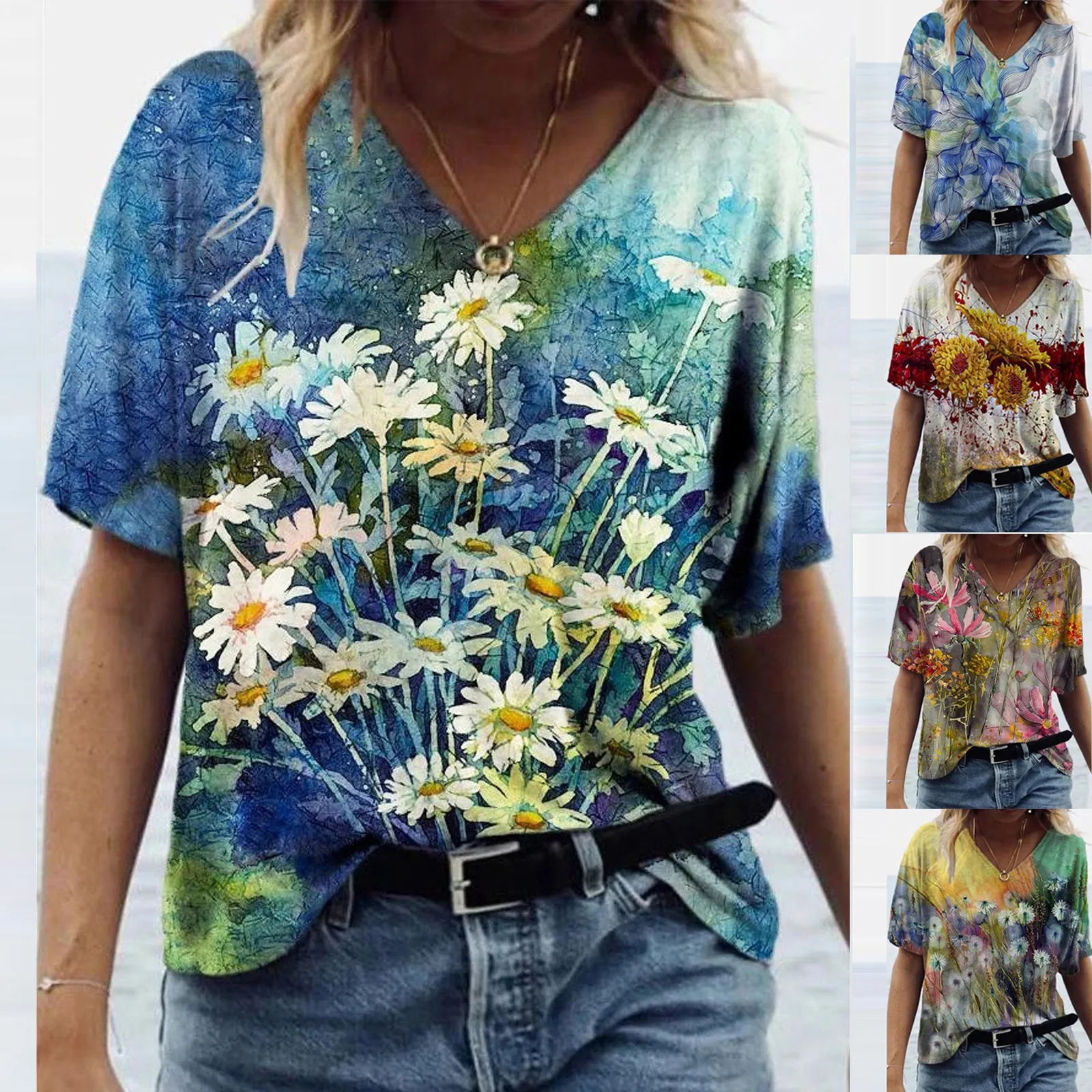 

Pullovers Tops Tee Shirt Women's Fashion Casual Plus Size Scenic Flowers Printing Round Neck T-Shirt Large Tops Magliette donna
