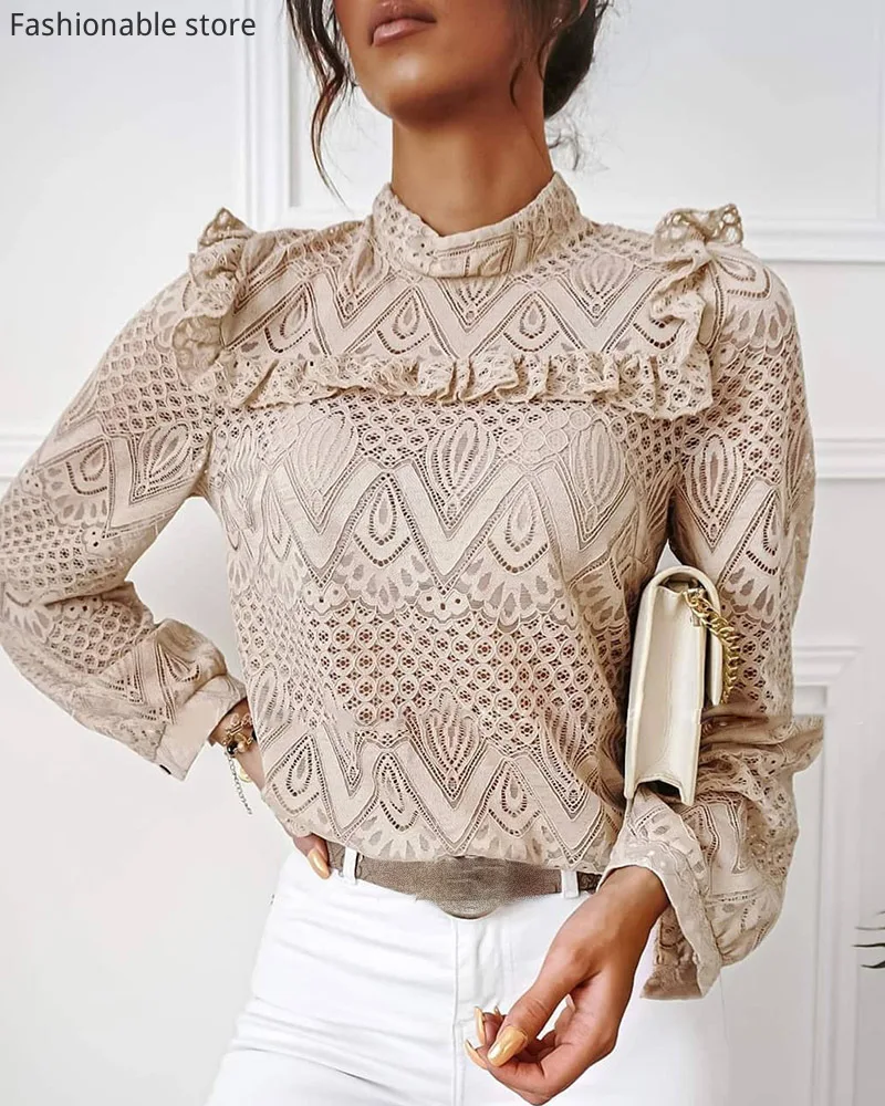 

Spring Autumn Fashion Lace Hollow Out Long Sleeve Blouse Women High Neck OL Solid Elegant Top Shirt