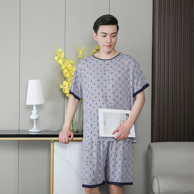 

Printed Men Sleepwear O-Neck Pajamas 2PCS Tops&Shorts Viscose Pyjamas Plus Size 3XL Loungewear Soft Cotton Summer Nightwear