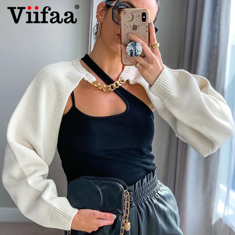 

Женский вязаный свитер Viifaa, белый укороченный Топ с длинным рукавом и цепочкой, Осенний пуловер с вырезами