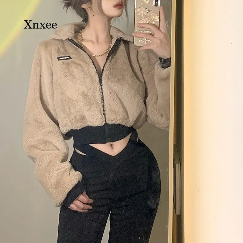 

Soft Fur Fuzzy Crop Coat Autumn Spring Women High Waist Lapel Trend Zipper Jacket Solid Slim Female Outerwear Fashion Clothing