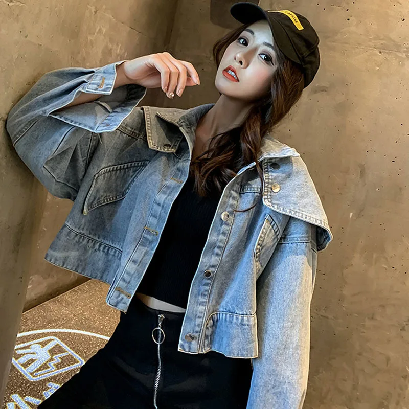 

Korean Loose Batwing Sleeve Light Blue Short Denim Jacket Female Casual Lapel Jeans Jacket Spring Autumn 2021 New Women Clothes