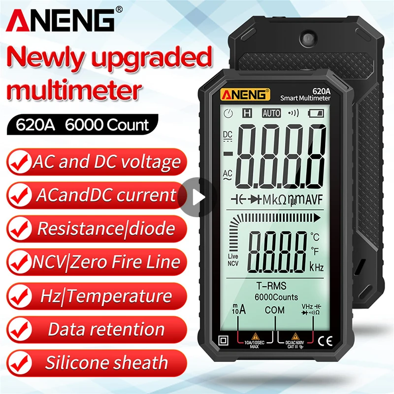 

Цифровой умный телефон ANENG, 6000 отсчетов, 620A True RMS, автоматические электрические инструменты, измеритель емкости и температуры