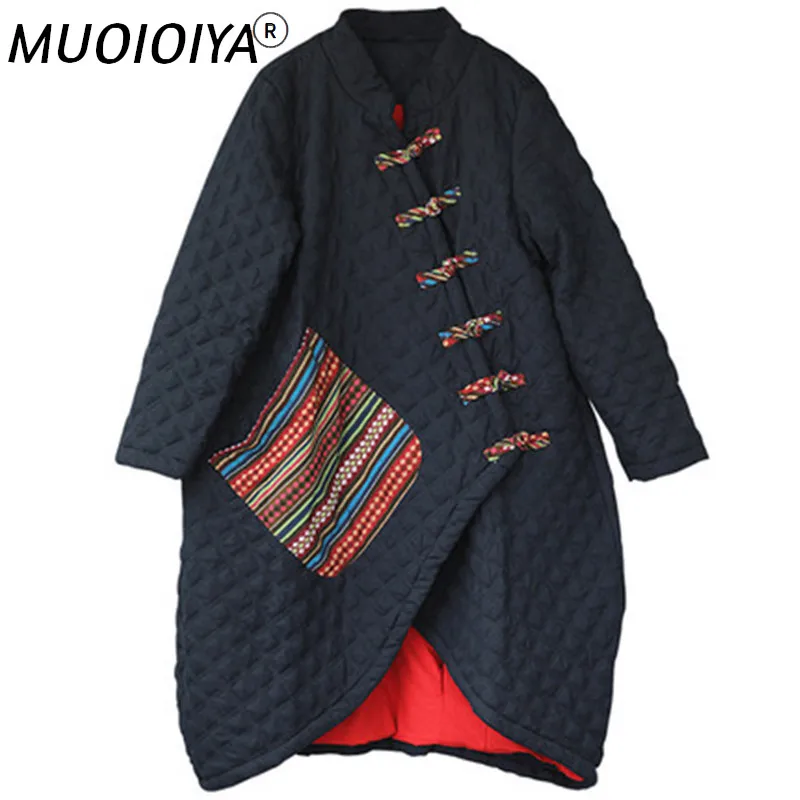 

2022 Chinese Jacquard Lattice Stand Collar Parka Coat Women Vintage Cotton Linen Jacket Winter Cotton Outerwear Female