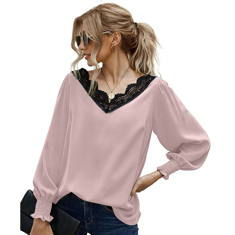 

Spring New Fashion Elegant Shirt Women V-Neck Lace Stitching Pullover Blouse Lady Long-Sleeved Cuff Elastic Tops Clothing Loose