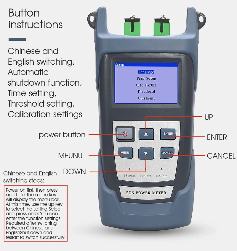 

AUA-310U/A FTTX/ONT/OLT 1310/1490/1550nm Handheld Fiber Optical PON Power Meter