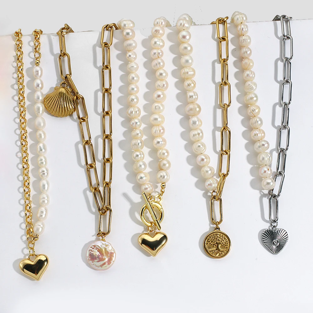 

Lifefontier Freshwater Natural Pearl Necklace Gold Plated Copper Love Heart Lock Pendant Necklaces for Women Wedding Jewelry