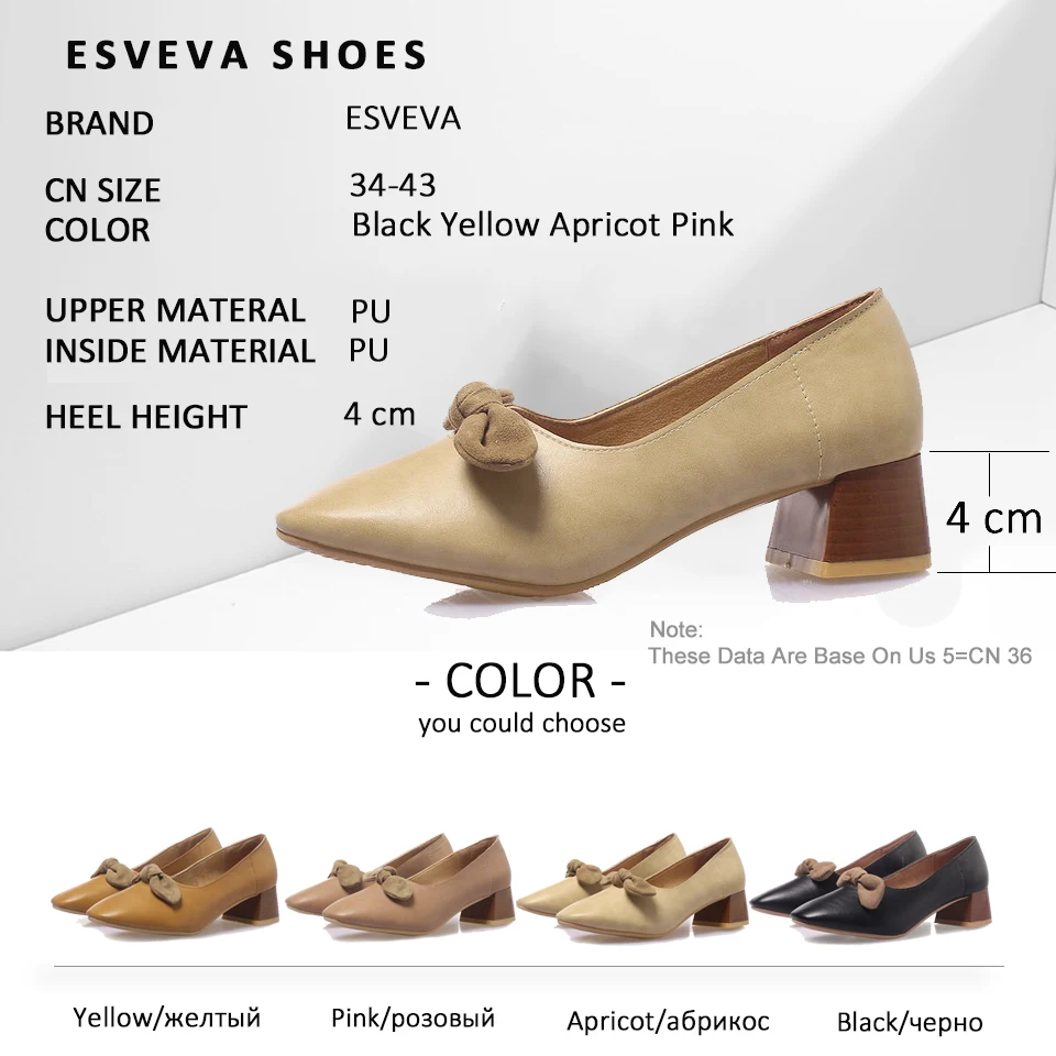 

ESVEVA 2019 Women Pumps Butterfly-knot PU Shoes Sandals Slip on Med Heels Square Toe Sweet Shoes Square Heels Shoes Women 34-43