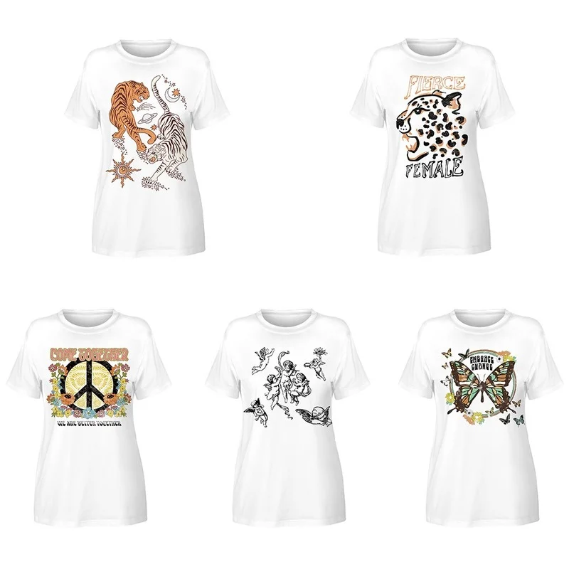 

Summer Casual O-neck Short Sleeve Vintage Printed T-shirts Women White Color Pullover Animal Print Loose Tee