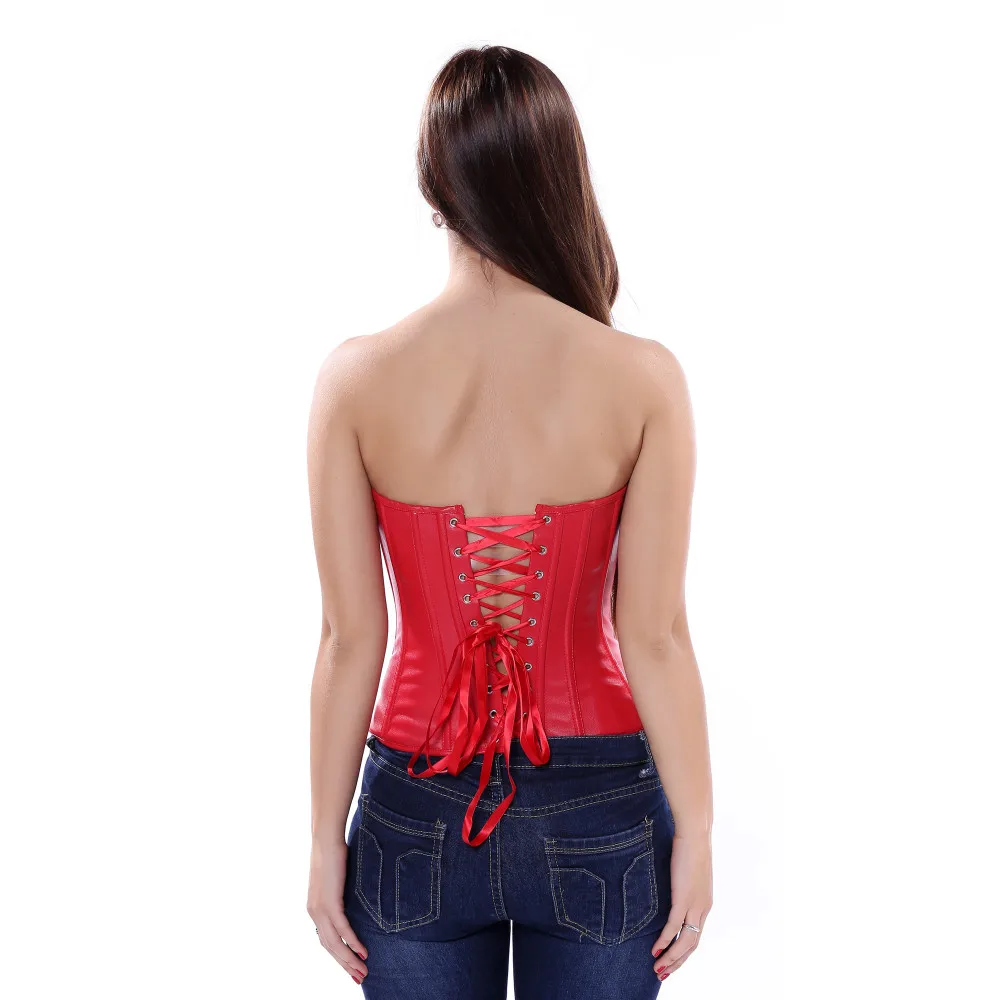 S-6XL Hot Sexy Women Strapless Corselet Black Red Lace up Back Corset Faux Leather Overbust Zipper Bustier Top Shaper Plus Size