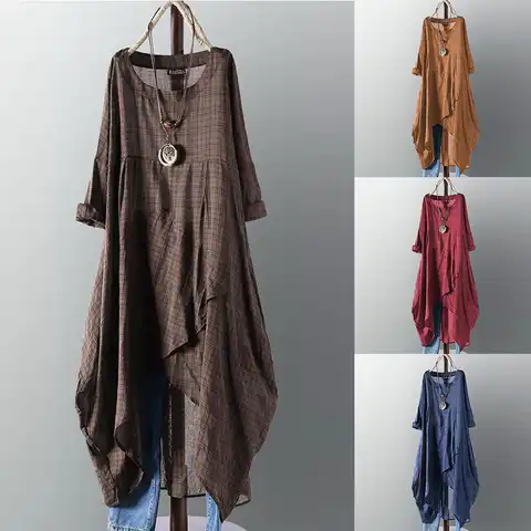Kaftan Check Dress Women's Irregular Sundress ZANZEA 2023 Casual Long Sleeve Midi Vestidos Female O Neck Robe Femme Oversize 