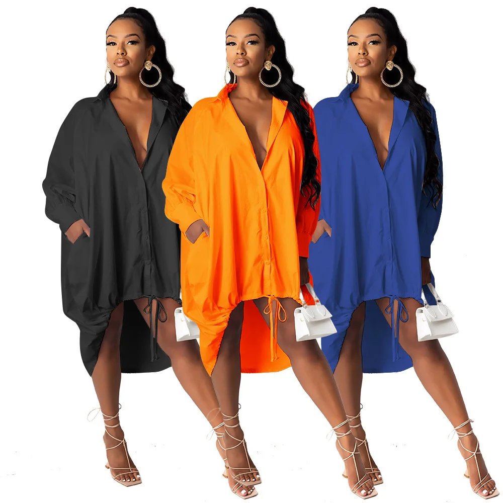 

2020 New Product Solid Shirt Women Dress Lapel Neck Long Sleeve Single Breasted Drawstring Asymmetric Dress Suitable Streetwear