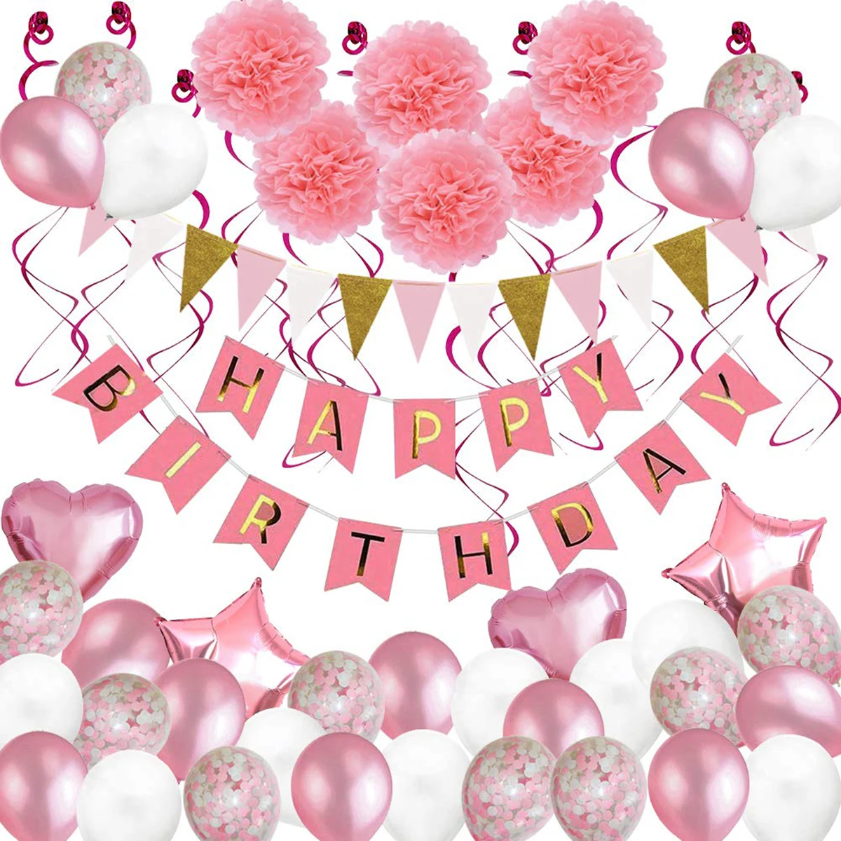

Birthday Party Supplies Decor Kit Foil & Latex Balloons Happy Birthday Banner Swirls Paper Flowers Party Decor Pink