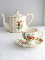 France Palace Retro Milky Coffee Set Ceramic Strawberry Flower Pattern Gold Paint British Afternoon Tea Cup and Saucer and Pot