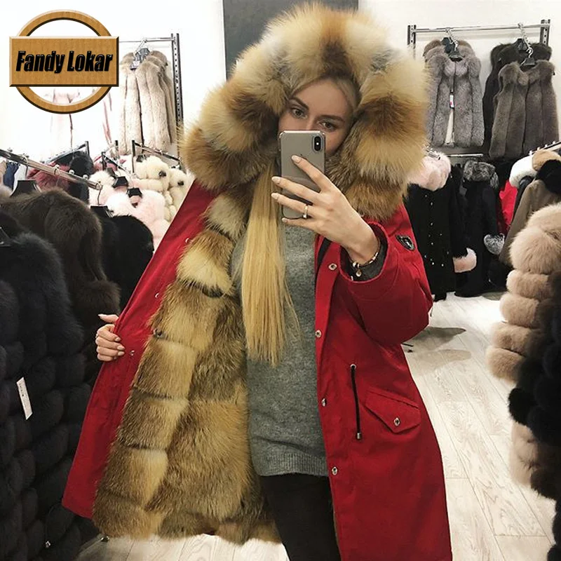 Fandy lokar, парка из натурального меха, зимняя женская куртка, Модная парка из натурального меха лисы с подкладкой из натурального меха кролика, теплые меховые пальто