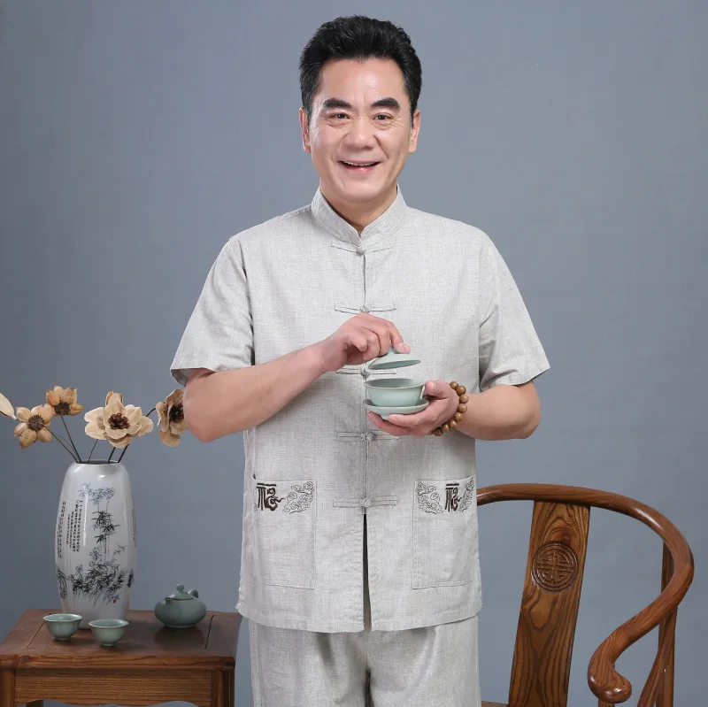 

Men Shirt Slim Fit Short Sleeve Cotton Linen Casual Shirt Summer Solid Tops and pant soft sport comfortable clothes