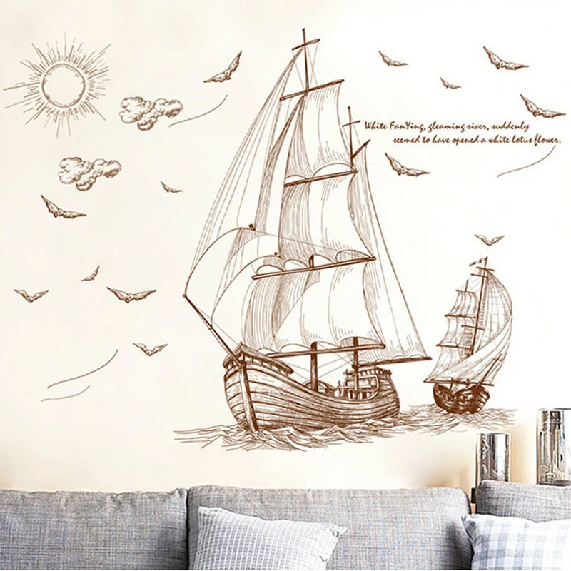 Большой парусник путешествие морские птицы пейзаж настенные наклейки домашний Декор Гостиная спальня обои Съемные Виниловые ПВХ настенные наклейки