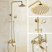 gold color brass two ceramic handle wall mounted bathroom rain shower head bath tub faucet set telephone shape hand spray mgf374