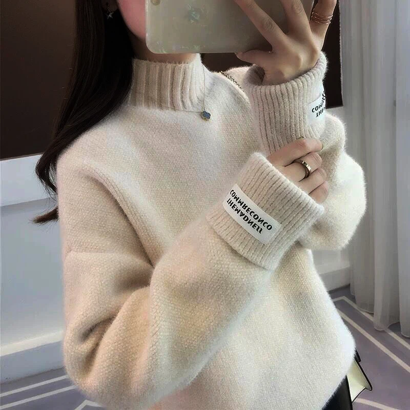 White Winter Sweater Women Letter Patchwork Turtleneck Thicken Warm Long Sleeve Knitted Pullover Jumper Elegant New V673 | Женская