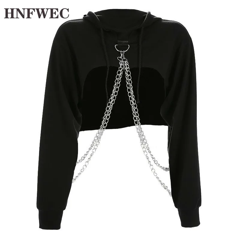 Черный укороченный свитер с капюшоном для женщин Свободный пуловер цепочкой в