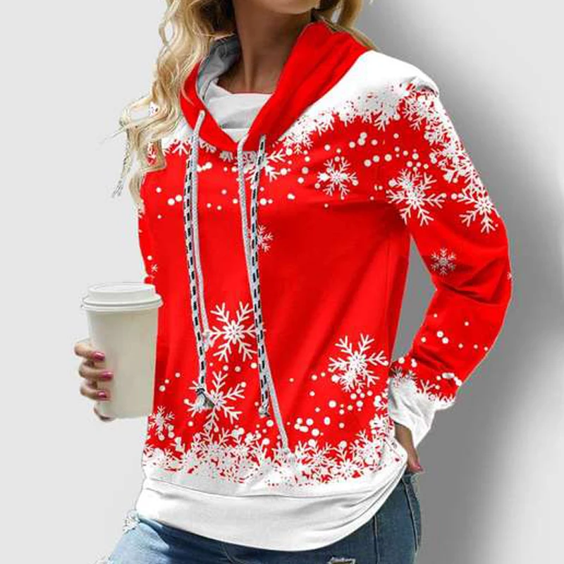 

Рождественский свитшот с принтом снежинок, свитшот с двойным шнурком, женский зимний облегающий пуловер с длинным рукавом