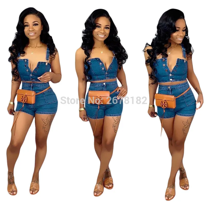 2019 women new summer jeans tracksuit casual denim button up short top & shorts suit 2pcs set outfit overalls playsuit S3536 | Женская